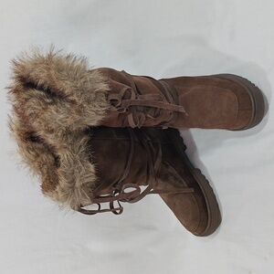 Wilson's Leather Sz 7 Tan Suede, Slip on Winter Boots, Faux fur lined